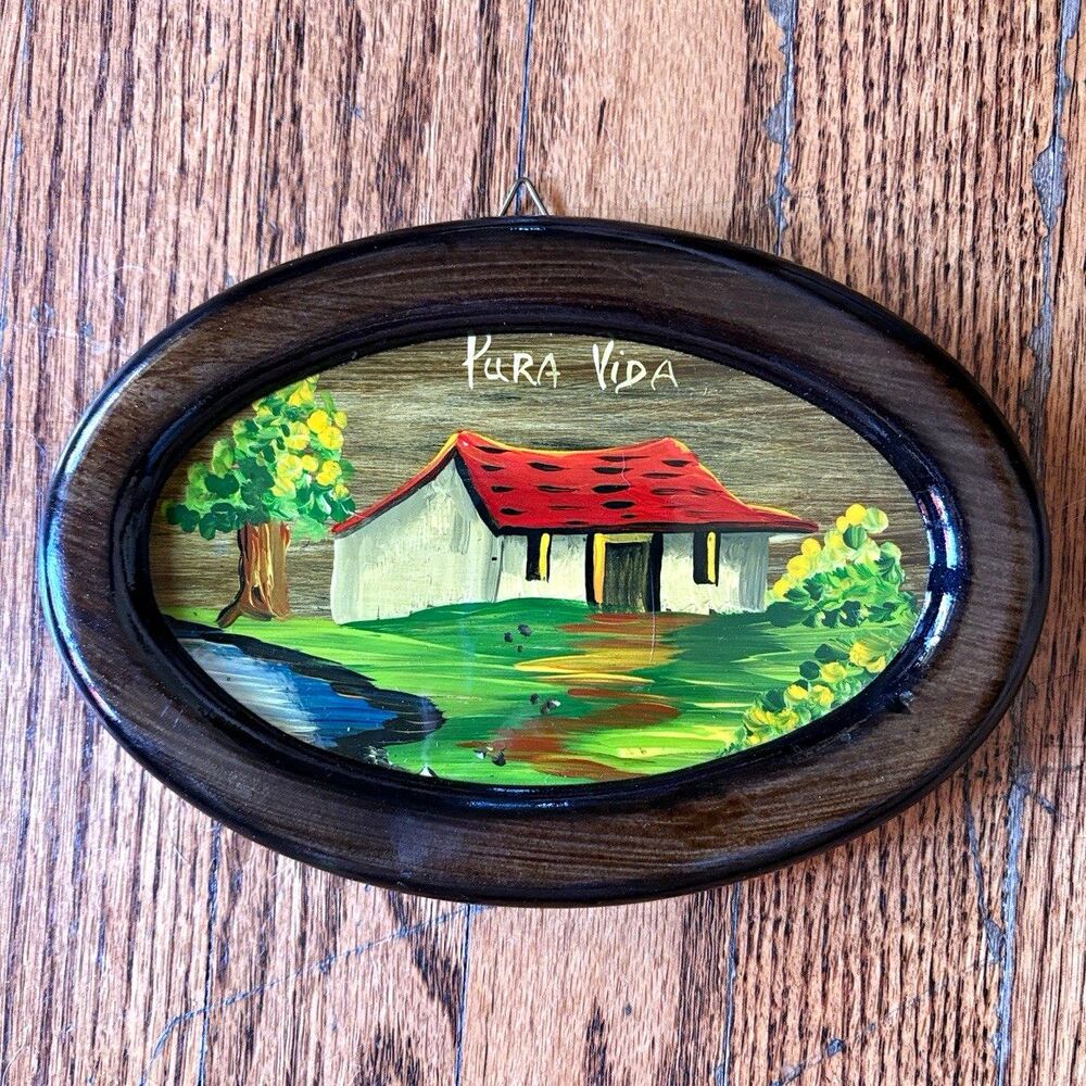 Pura Vida Signed Framed Folk Art Landscape Painting House River Trees 8x4"